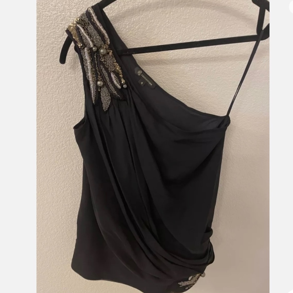 CASTLE STARR Y2K Black 100% Silk Gold/Silver Beaded One Shoulder Top Siz…